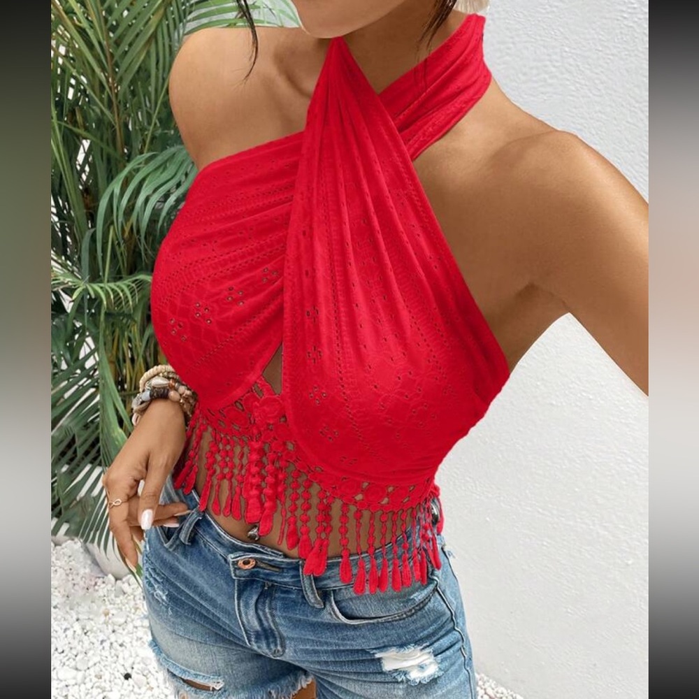 Boho Eyelet Open Front Fringe Cropped Top Red
